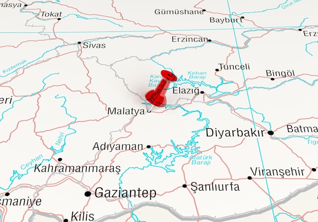 Foto cidade do mapa do terremoto na turquia com um alfinete vermelho