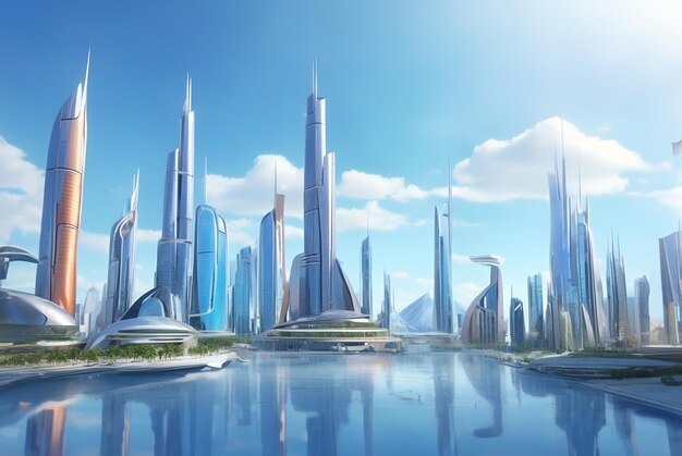 Cidade dos sonhos no futuro ou paisagem do horizonte da cidade futurista à luz do dia