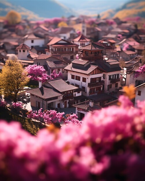 Foto cidade e aldeia adornadas de rosa