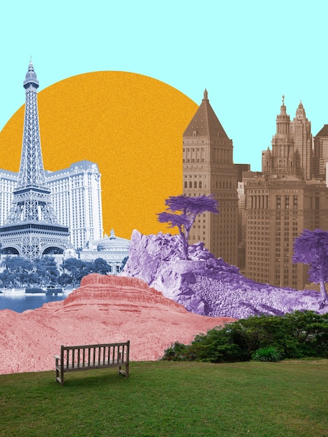 Cidade e montanhas com grande sol sobre fundo azul. Espaço negativo para inserir seu texto. Design moderno. Colagem de arte brilhante colorida e conceitual contemporânea para publicidade. Zine, estilo retro-ondas.