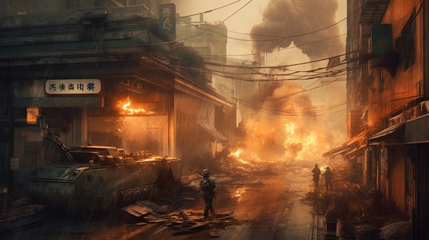 Cidade em chamas com ilustração de arte digital de soldados Generative AI