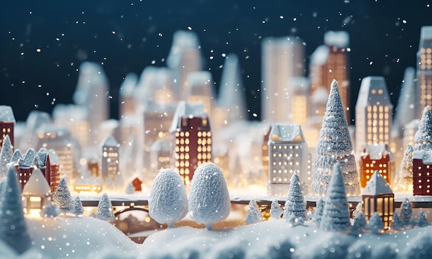 Foto cidade em miniatura de natal pequena aldeia iluminada modelo cena de acolhedor festivo casas nevadas brinquedos edifícios luzes noite bokeh lanterna bonita decorações árvores cobertas de neve branca ano novo