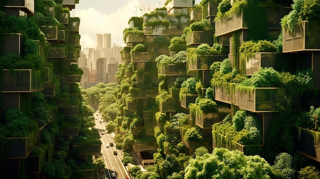 Cidade esplêndida de consciência ambiental com conceito de floresta vertical de metrópole coberto com plantas verdes Generative AI