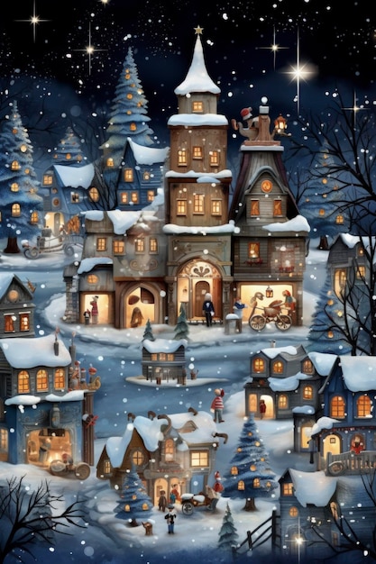 Cidade estilizada com decorações festivas e neve à noite