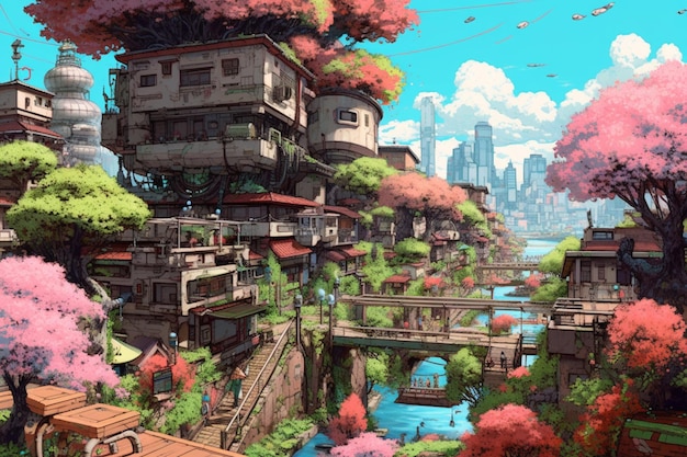 cidade estilo anime com uma ponte e um rio no meio IA generativa