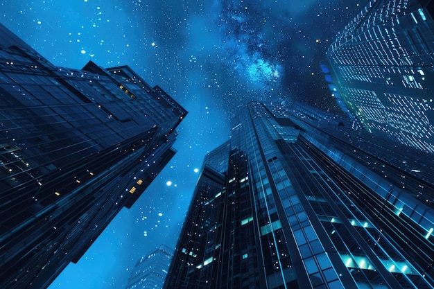 Cidade futurista à noite com fundo de céu estrelado fundo de edifício azul moderno abstrato