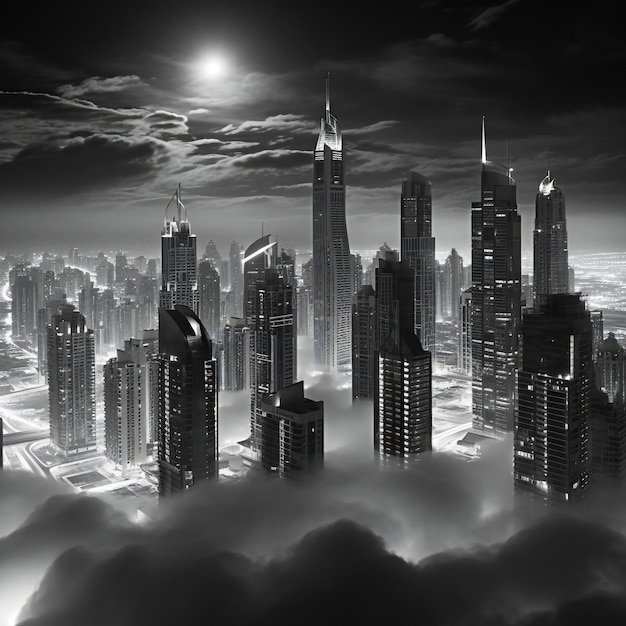 Foto cidade futurista à noite com nuvens no céu