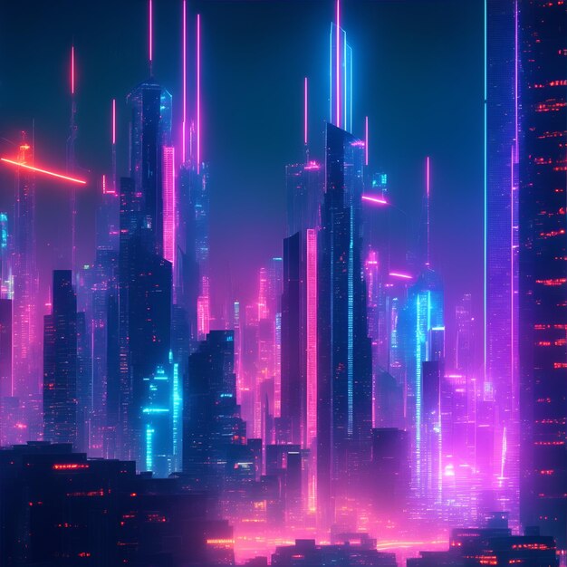 Cidade futurista à noite com renderização 3D de luzes de néon