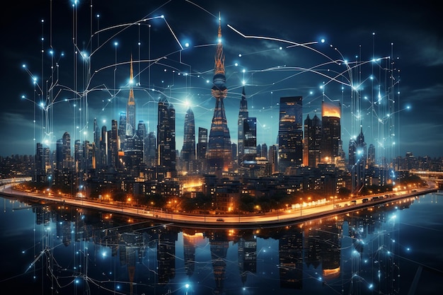 Cidade futurista à noite como um conceito de negócios globais