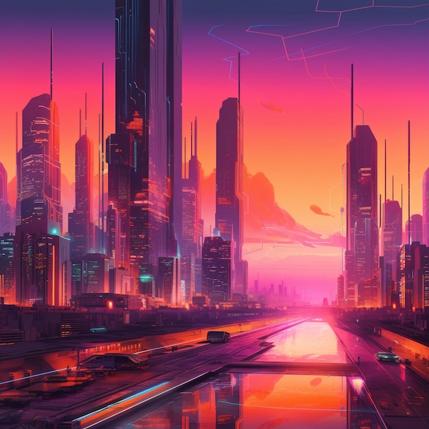 Cidade futurista ao amanhecer