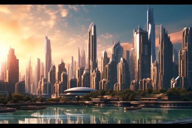 Cidade futurista ao pôr do sol