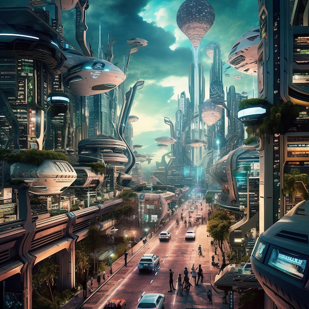 cidade futurista com arranha-céus