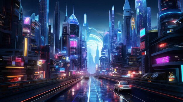 Cidade futurista com luzes de néon inspirada no cyberpunk