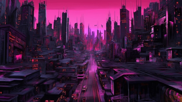 Cidade futurista com um céu rosa e um céu roxo generativo ai