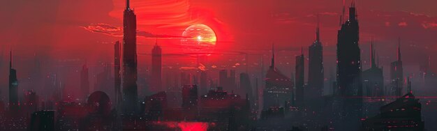 Foto cidade futurista com um sol vermelho ao fundo