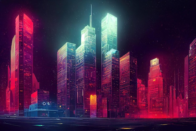 Cidade futurista Concept Art Cityscape à noite com luzes de néon brilhantes 3D ilustração