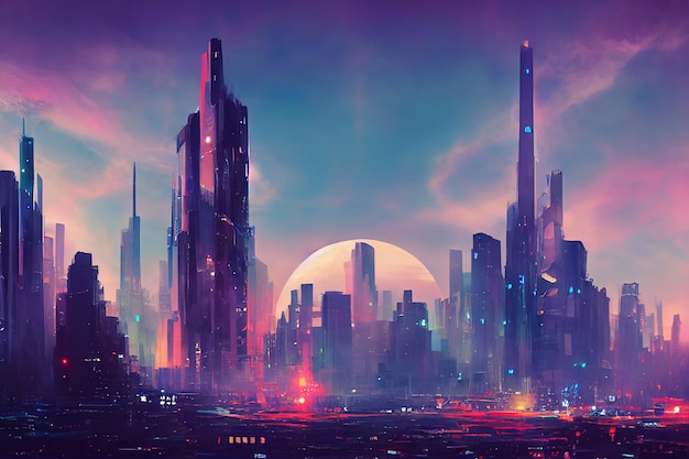 Cidade futurista Concept Art Cityscape com luzes de néon brilhantes 3D ilustração