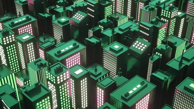 Cidade futurista cyberpunk com arranha-céus Ilustração 3d isométrica abstrata da cidade