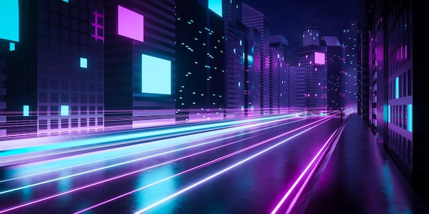 cidade futurista cyberpunk de renderização 3D com trilha de luz azul e rosa