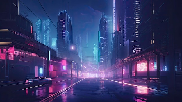 Cidade futurista de cyberpunk com luz neon azul e rosa com Generative AI Technology