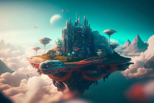 Cidade futurista de ficção científica em nuvens conceito de vida futura Generative AI