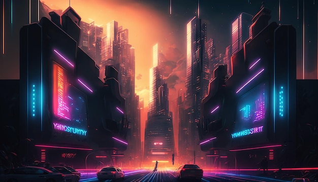 Cidade futurista de neon cyberpunk Cidade Synthwave Generative AI