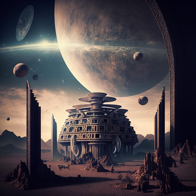 Cidade futurista no deserto com planetas ao fundo