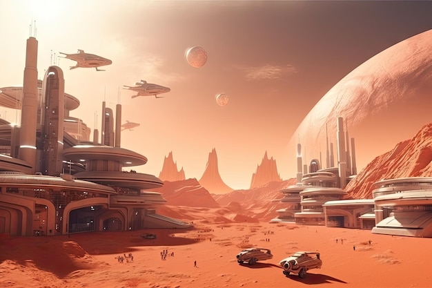 Cidade futurista no planeta vermelho com prédios altos e carros voadores criados com IA generativa