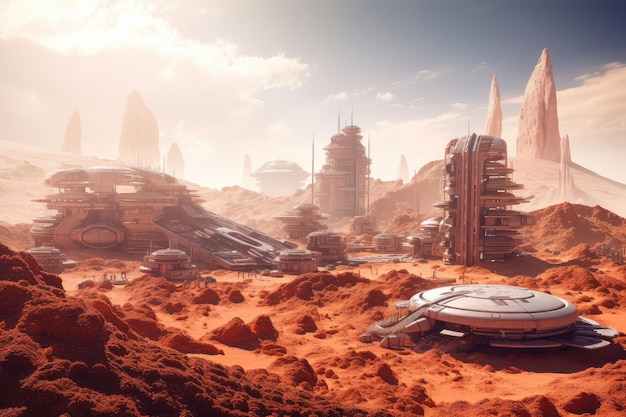 Cidade futurista no planeta vermelho com prédios altos e carros voadores