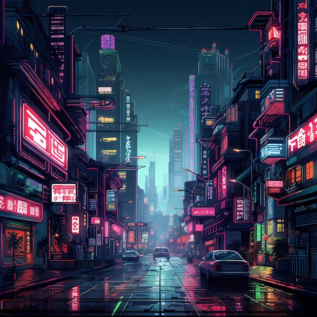 Cidade futurista retrô cyberpunk com luzes de néon