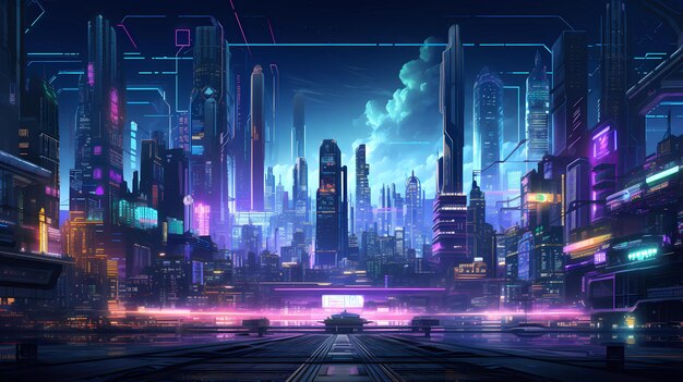 Cidade futurista retro cyberpunk com luzes de néon