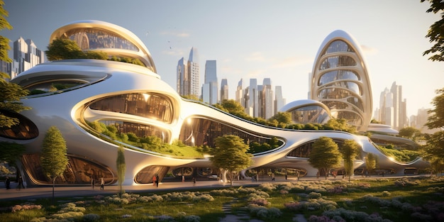 Cidade futurista vê plantas verdes em telhados de edifícios e paredes generativas AI Paisagem urbana em casas futuras com design ecológico de vegetação Conceito de ambiente de ecologia natural