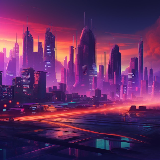 Cidade futurística com muitos prédios altos e uma IA geradora de luz neon