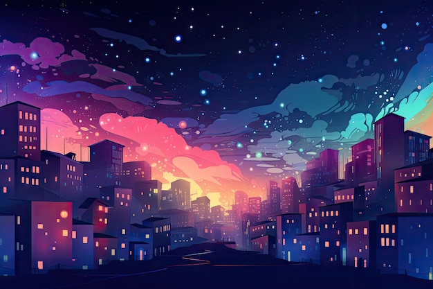 Cidade galáctica com vista para o céu noturno e estrelas brilhando intensamente, criada com IA generativa