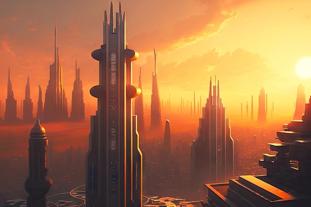Cidade grande com arranha-céus altos contra o pano de fundo da vista do telhado da cidade do pôr-do-sol