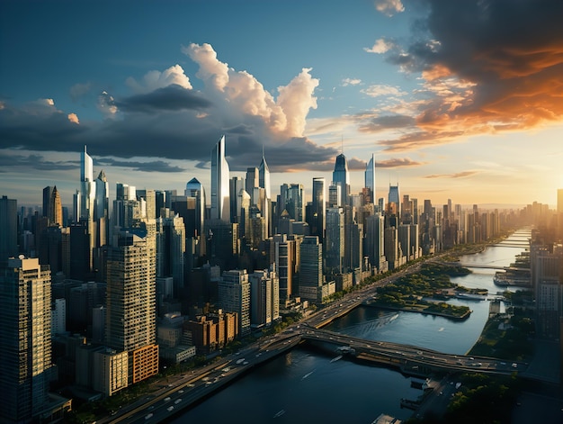 Cidade grande com céu azul de arranha-céus Generative AI