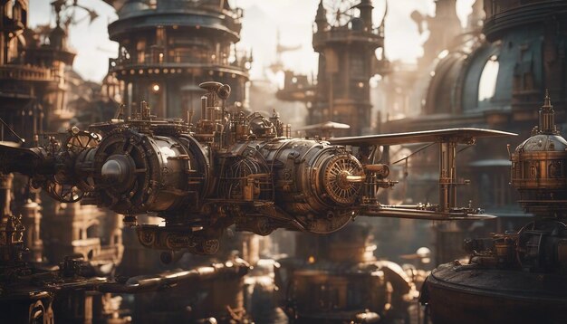 Cidade inspirada no steampunk com maquinaria intrincada dirigíveis e engrenagens de alto detalhe imaginativo