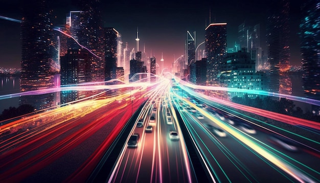 Cidade inteligente digital com trilha leve de alta velocidade de carros Generative Ai