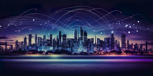 Cidade inteligente e conceito de rede de comunicação sem fio abstrata conexão de linha no fundo da cidade à noite
