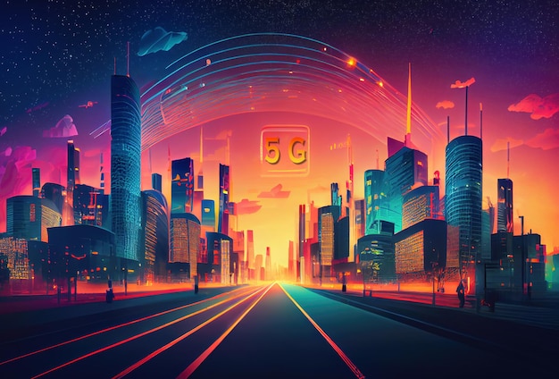 Cidade inteligente e conceito de representação de rede de comunicação 5G super rápido feito com IA generativa