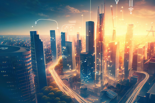 Cidade inteligente e conceito de representação de rede de comunicação 5G super rápido feito com IA generativa