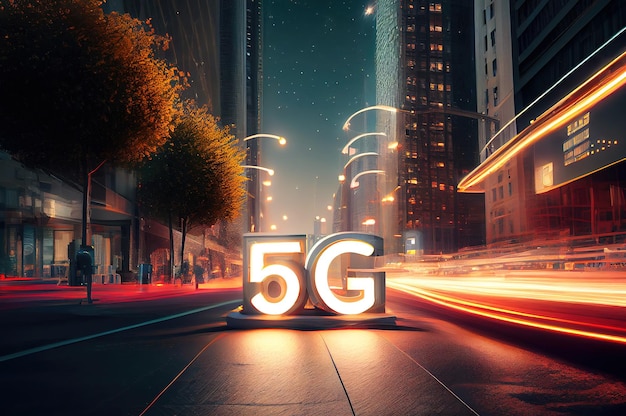 Foto cidade inteligente e conceito de representação de rede de comunicação 5g super rápido feito com ia generativa