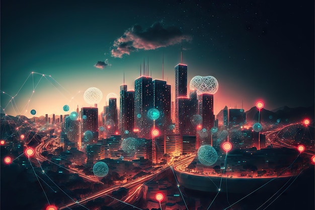 Cidade inteligente moderna com linhas de conexões de internet e pontos iot conceito criado com generative ai