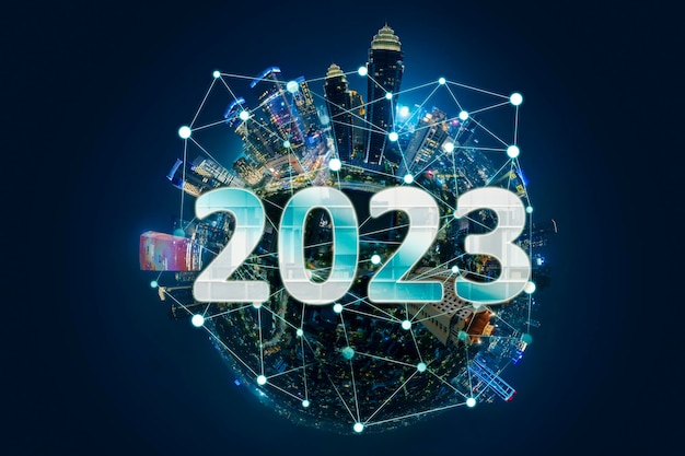 Cidade inteligente no céu com números de 2023