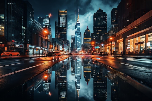 Cidade moderna à noite com luzes iluminando IA generativa