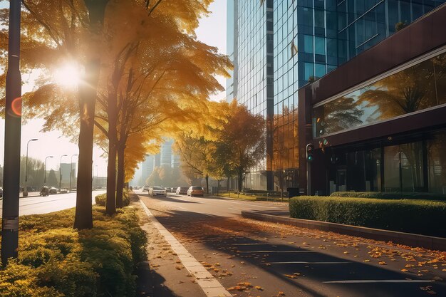 Cidade moderna de outono à luz do sol com estradas e carros