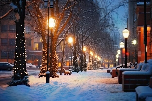 Cidade na neve Ruas tranquilas banhadas em luz urbana quente