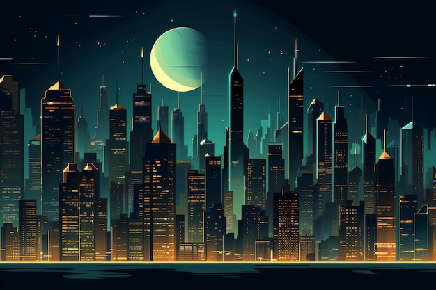 Cidade noturna com arranha-céus e lua ilustração futurista