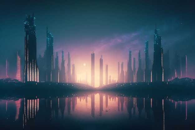 Cidade noturna Conceito de paisagem cyber punk Luz brilhando na cena escura Vida noturna IA generativa