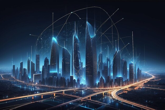 Cidade noturna futurista abstrata com pontos e conexão de linhas Conceito para cidade inteligente IOT